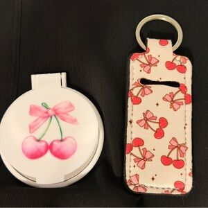 Cherry Design Round Compact Makeup Mirror with  Chapstick Keychain Case